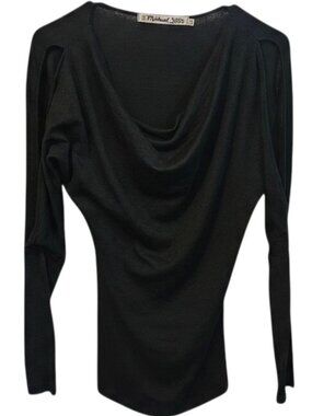 Michael Stars OS The Original Tee Long Split Sleeve Cowel Neck Black Women's Top